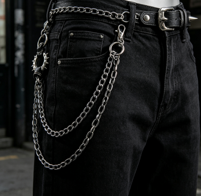 Spiked Punk Pant Chain, Double Layer Goth Wallet Chain