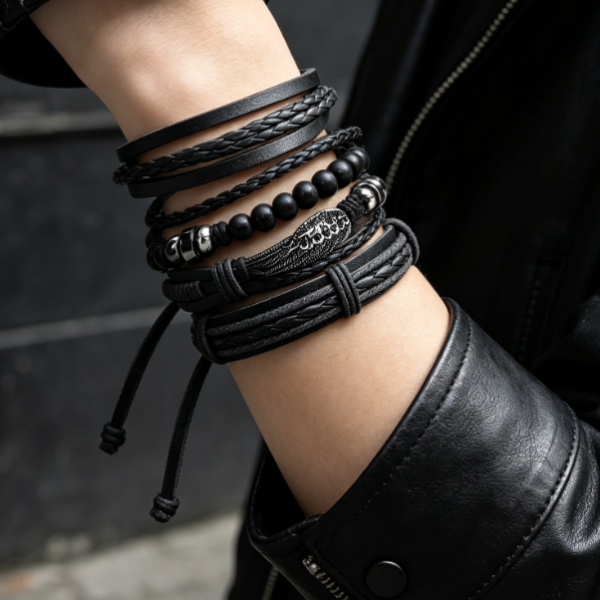 Braided Leather Punk Bracelet, Black Wrap Style Wristband