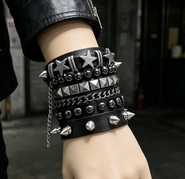 Punk Rock Spiked Bracelets, 6 Piece Vintage Beaded Set