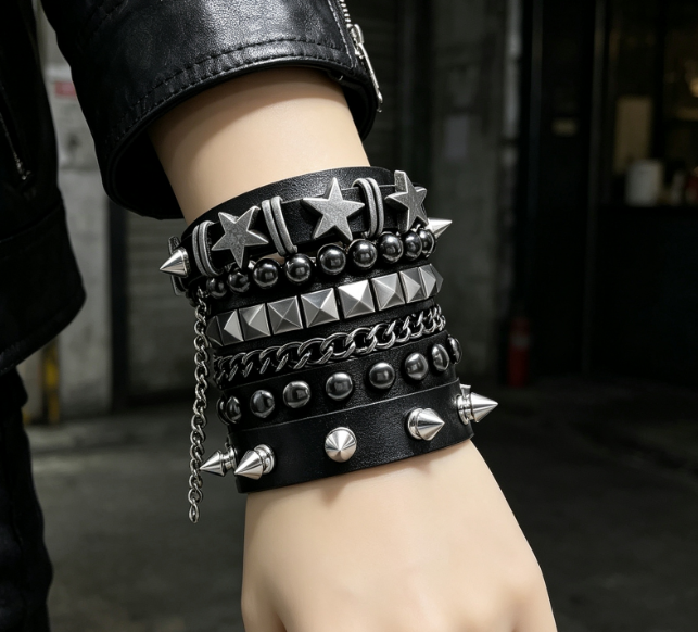 Punk Rock Spiked Bracelets, 6 Piece Vintage Beaded Set