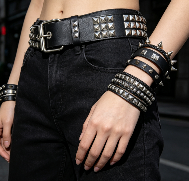 Black Studded Belt And Bracelet, Goth Punk Wide Cuff