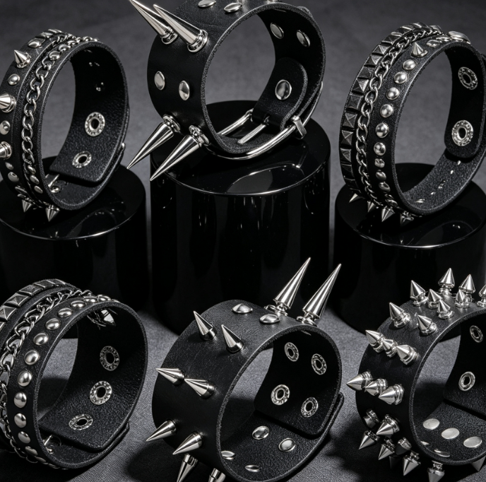 Punk Leather Studded Bracelet, Goth Spiked Wristband Image 2