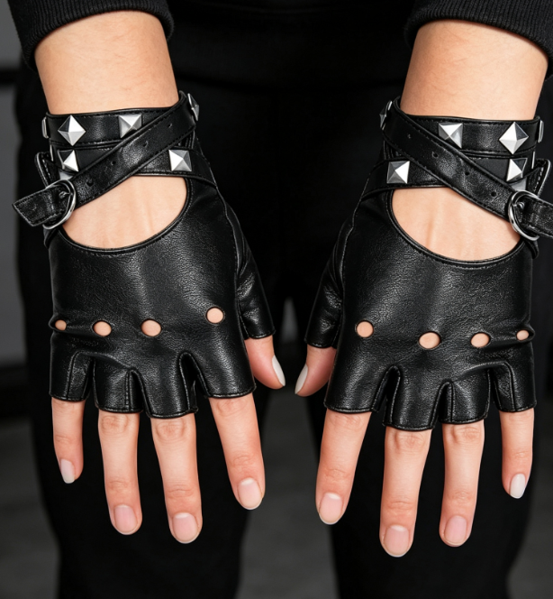 Fingerless Faux Leather Biker Gloves, Punk Buckle Design