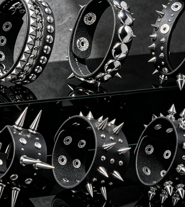 Spiked Punk Cuffs, 6 Piece Wide Leather Bracelet Set Image 2