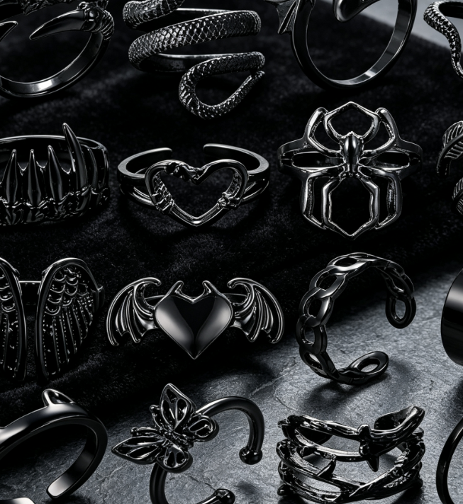 Black Goth Vintage Ring Set, Punk Stacking Jewelry