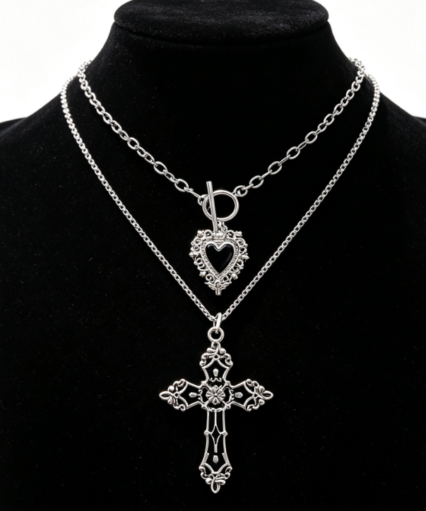 Women's Gothic Multi Layer Necklace With Cross And Heart Shaped Crystal Pendants Image 2