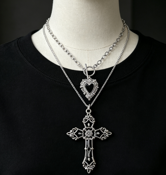 Women's Gothic Multi Layer Necklace With Cross And Heart Shaped Crystal Pendants