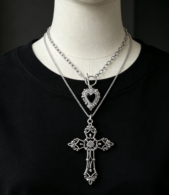 Women's Gothic Multi Layer Necklace With Cross And Heart Shaped Crystal Pendants