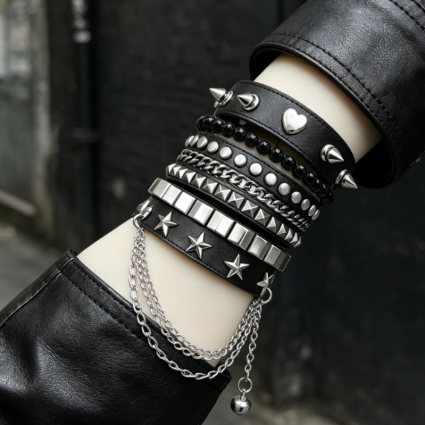 5 Piece Studded Bracelet Set; Grunge/Punk Style Accessories