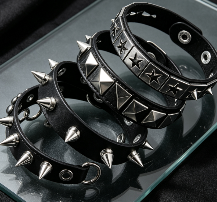 Emo Studded And Spiked Leather Bracelets, Punk Rock Set Image 2