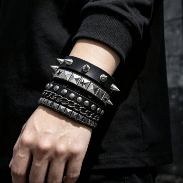Emo Studded And Spiked Leather Bracelets, Punk Rock Set