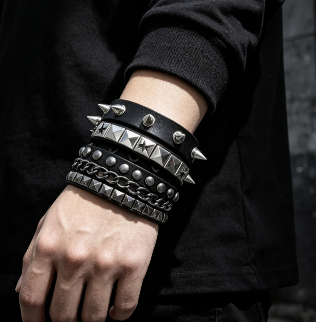 Emo Studded And Spiked Leather Bracelets, Punk Rock Set