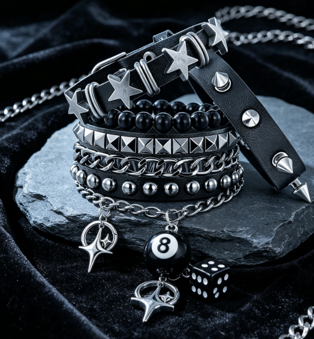 Wide Leather Punk Rock Cuffs, Vintage Chain Wristbands Image 2