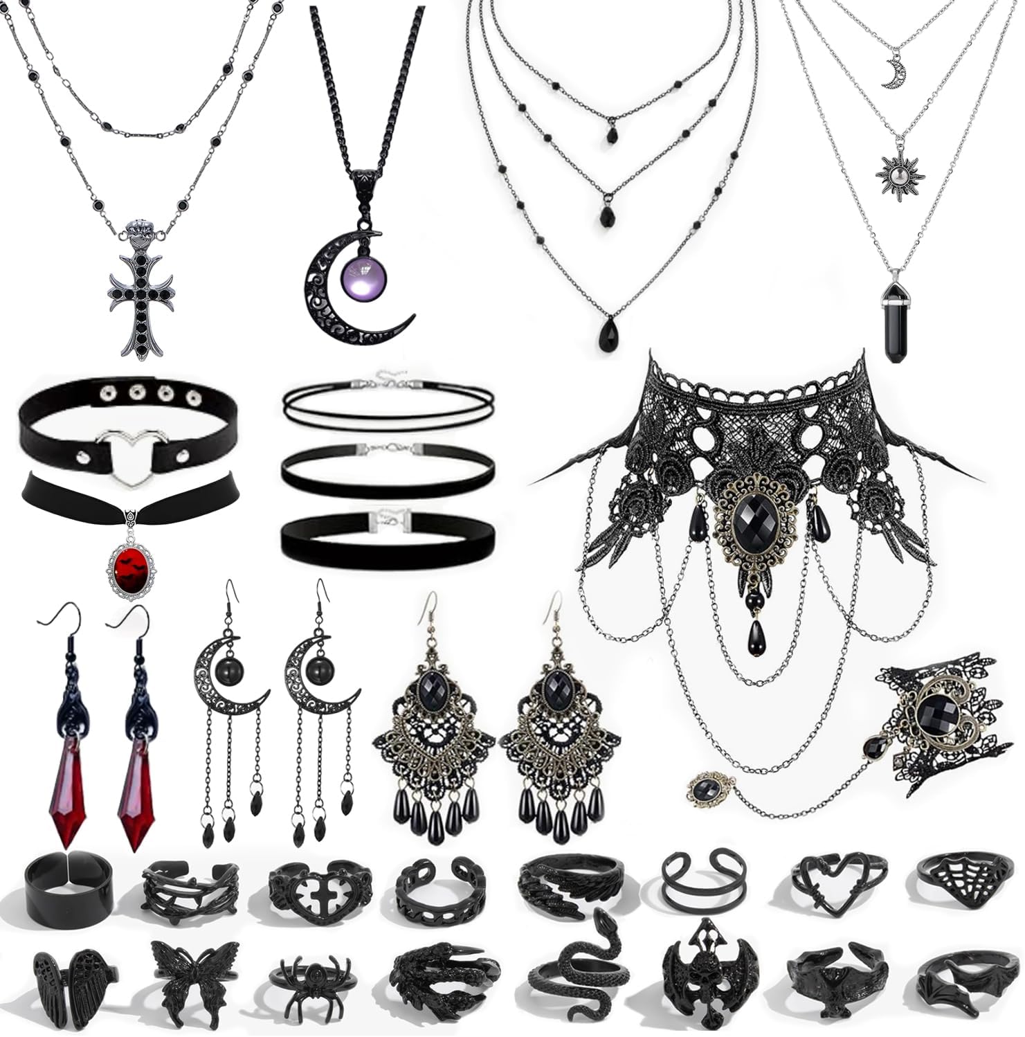 Grunge Gothic Jewelry Set; Vintage Punk Stackable Accessories