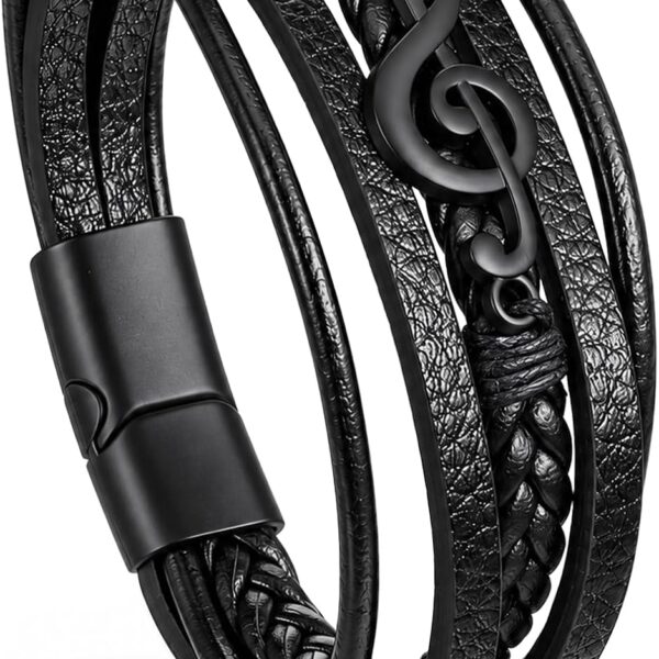 Music Themed Black Leather Bracelet; Wide Cuff With Musical Notes