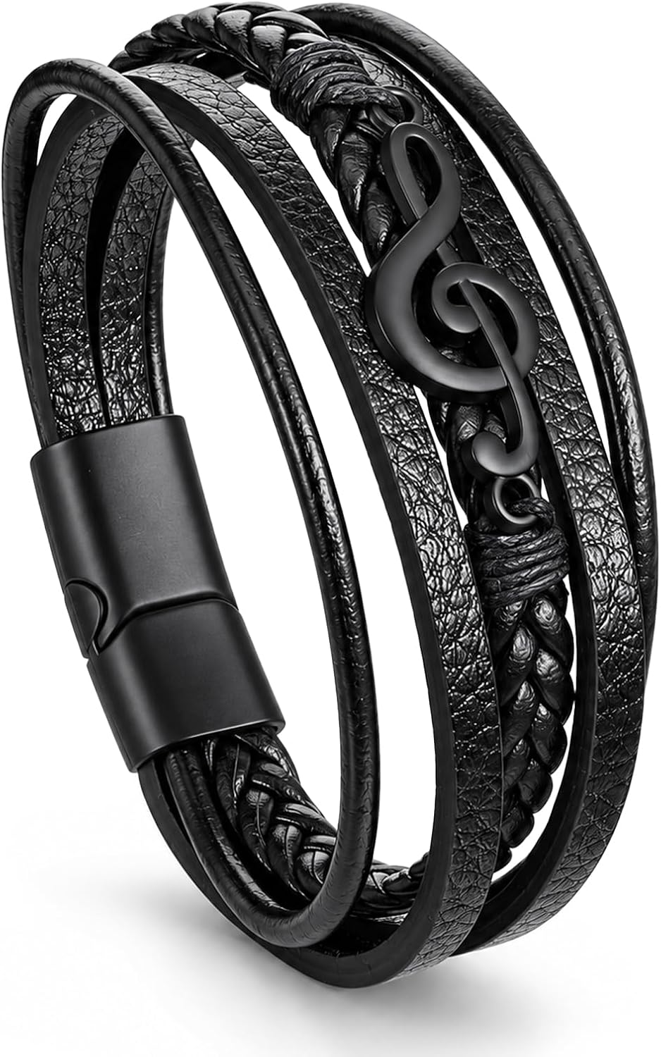 Music Themed Black Leather Bracelet; Wide Cuff With Musical Notes