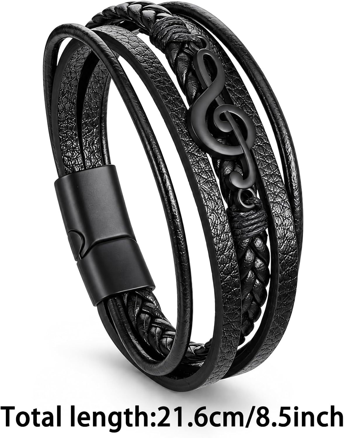 Music Themed Black Leather Bracelet; Wide Cuff With Musical Notes Image 2