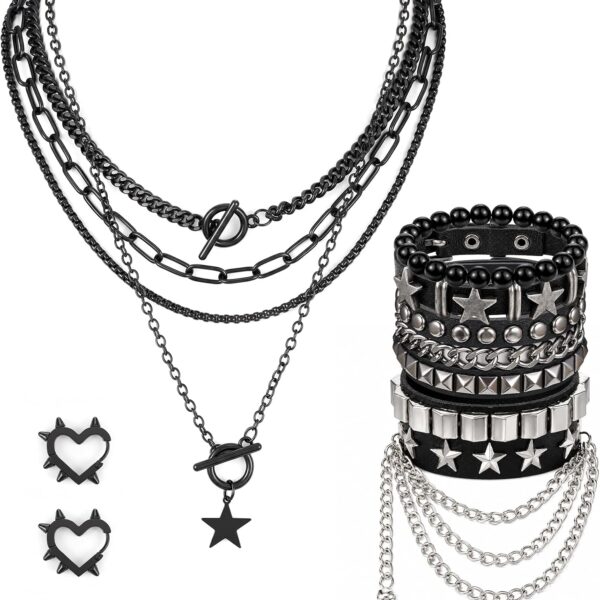 Emo Style Bracelet, Necklace, And Earrings; 6 Piece Gothic Jewelry Set