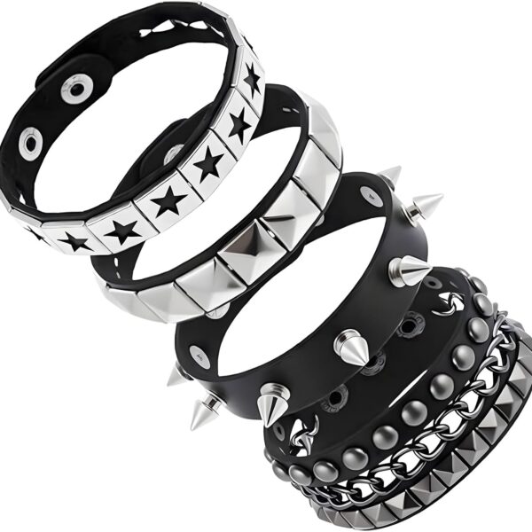 4 Piece Studded And Spiked Bracelet Set; Emo/Punk Leather Wristbands