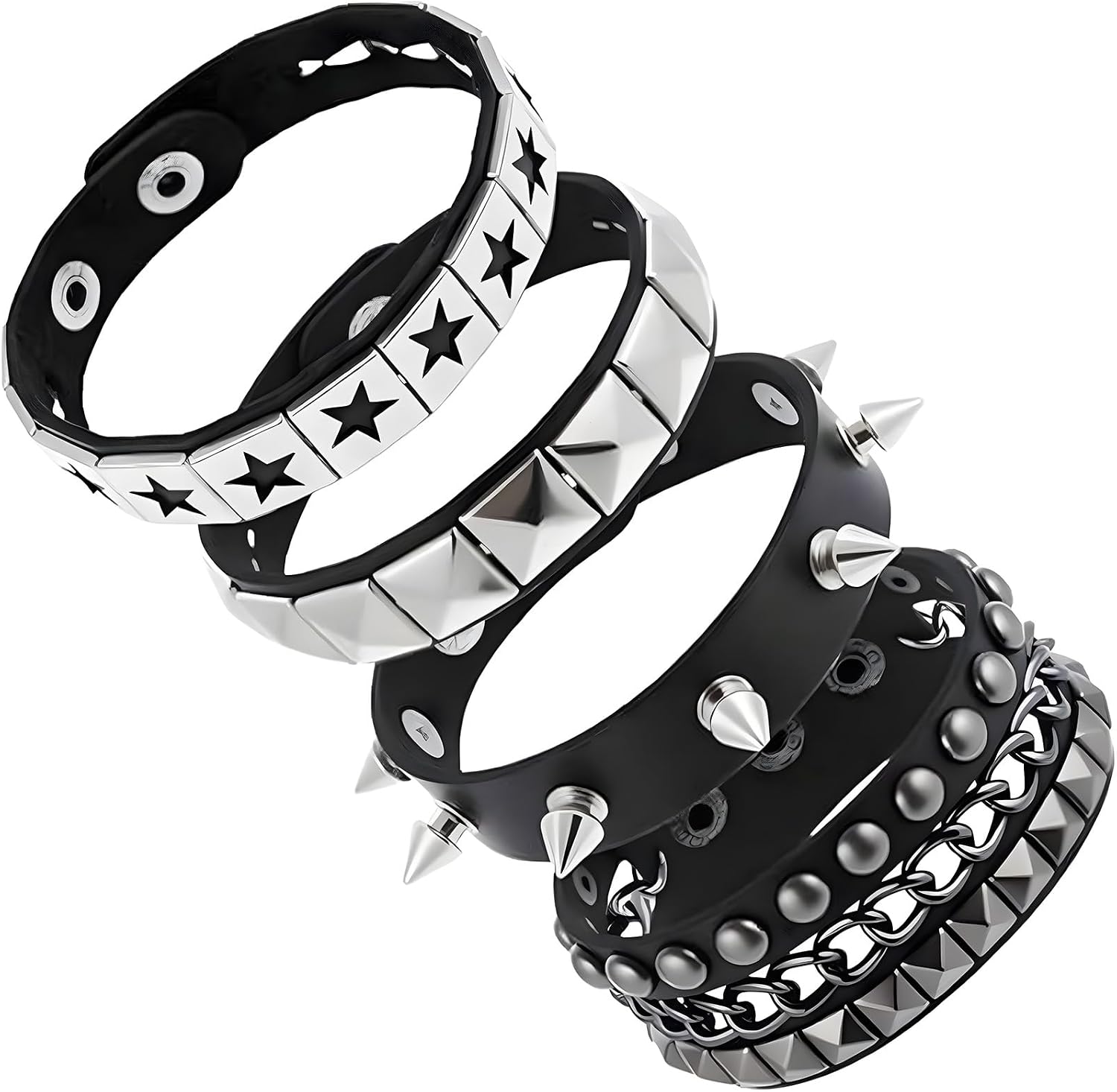 4 Piece Studded And Spiked Bracelet Set; Emo/Punk Leather Wristbands