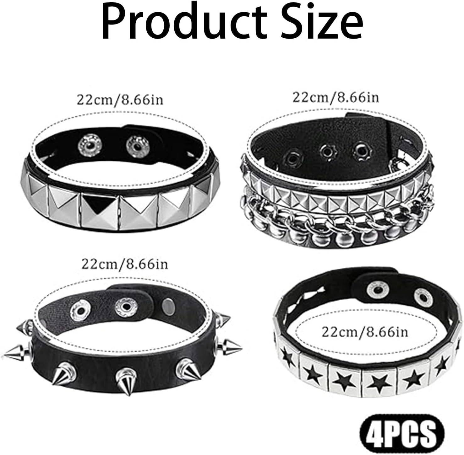 4 Piece Studded And Spiked Bracelet Set; Emo/Punk Leather Wristbands Image 2