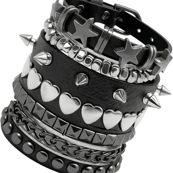 5 Piece Punk Studded Bracelet Set; Rock/Alternative Metal Wristbands