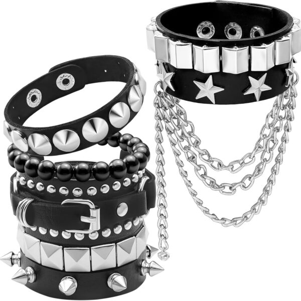Emo/Punk Spiked Bracelet; 6 Piece Wide Pu Leather Cuff Set