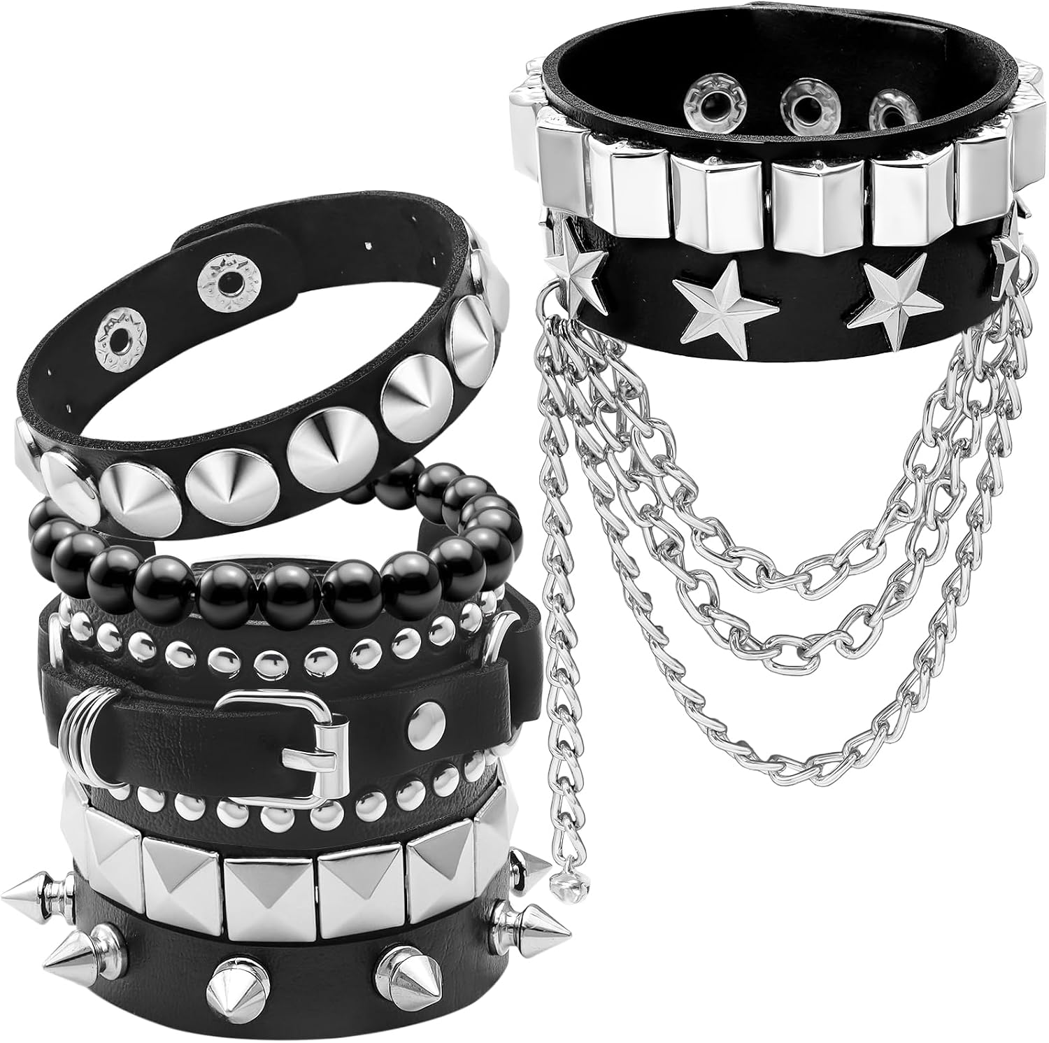 Emo/Punk Spiked Bracelet; 6 Piece Wide Pu Leather Cuff Set