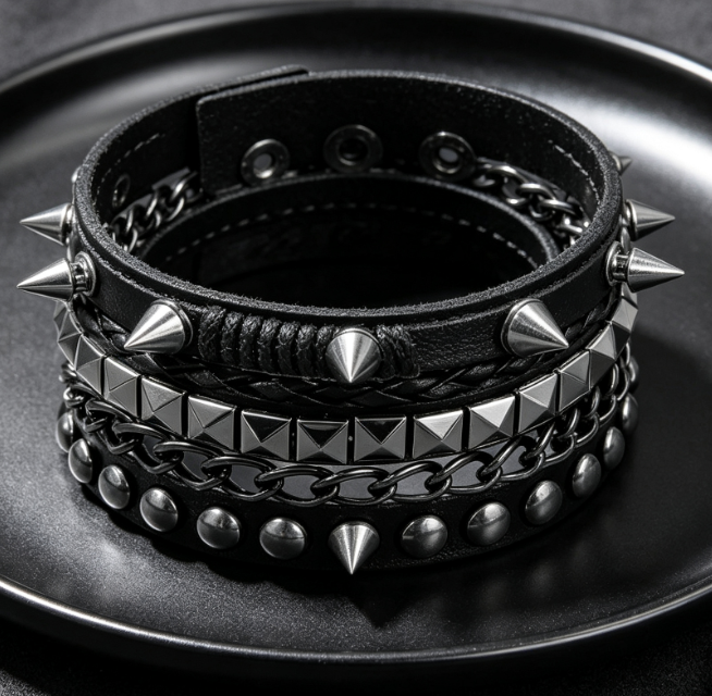 Men's Wide Leather Cuffs, 4 Piece Set With Spikes And Studs Image 2