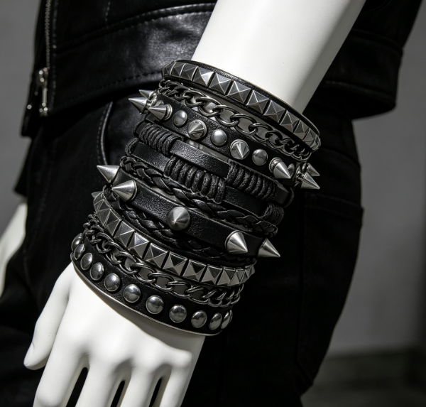 Men's Wide Leather Cuffs, 4 Piece Set With Spikes And Studs