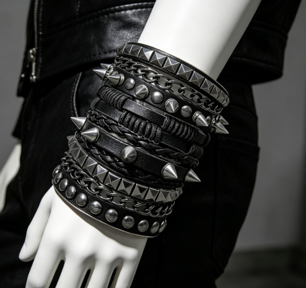 Men's Wide Leather Cuffs, 4 Piece Set With Spikes And Studs