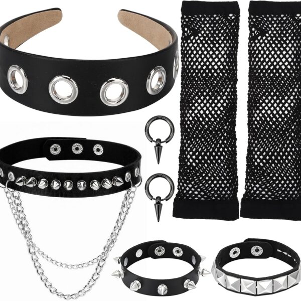 Punk Rock Style Set; 6 Piece Black Accessory Set For Women
