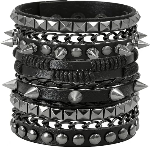 Punk Rock Studded Bracelets, 3 Piece Adjustable Spiked Set Image 2
