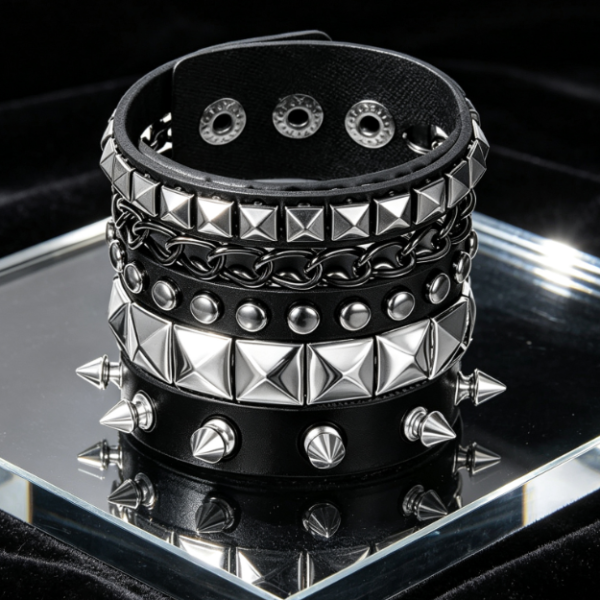 Punk Rock Studded Bracelets, 3 Piece Adjustable Spiked Set
