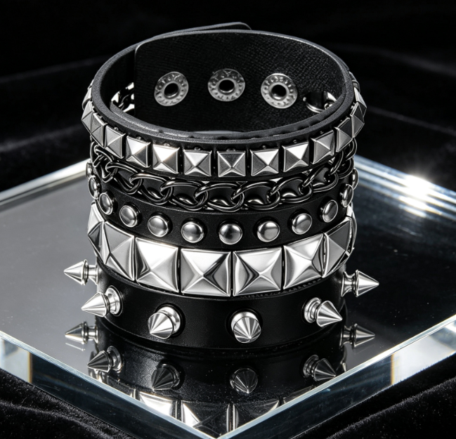 Punk Rock Studded Bracelets, 3 Piece Adjustable Spiked Set